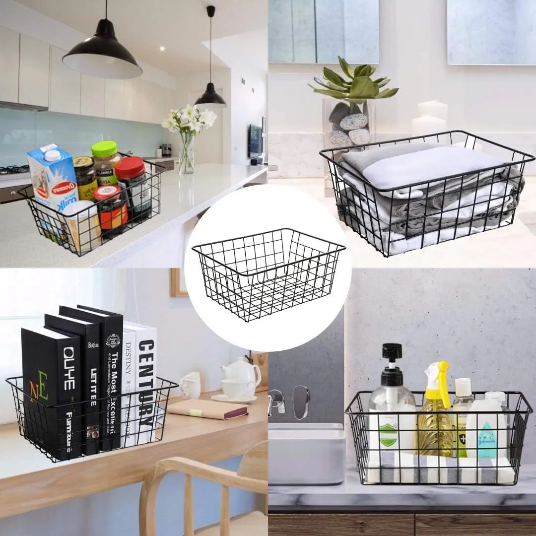 Set of 2 Wire Storage Basket Bins – Metal Organizer with Handles (28.5 x 22 x 12 cm)
